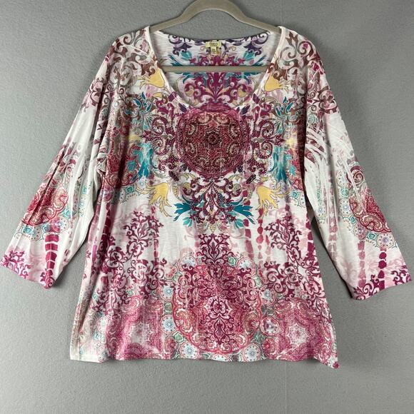 Reba Top Women 2X Burnout Southwestern Rhinestone Aztec Artsy Stretchy Patterned - Picture 1 of 13